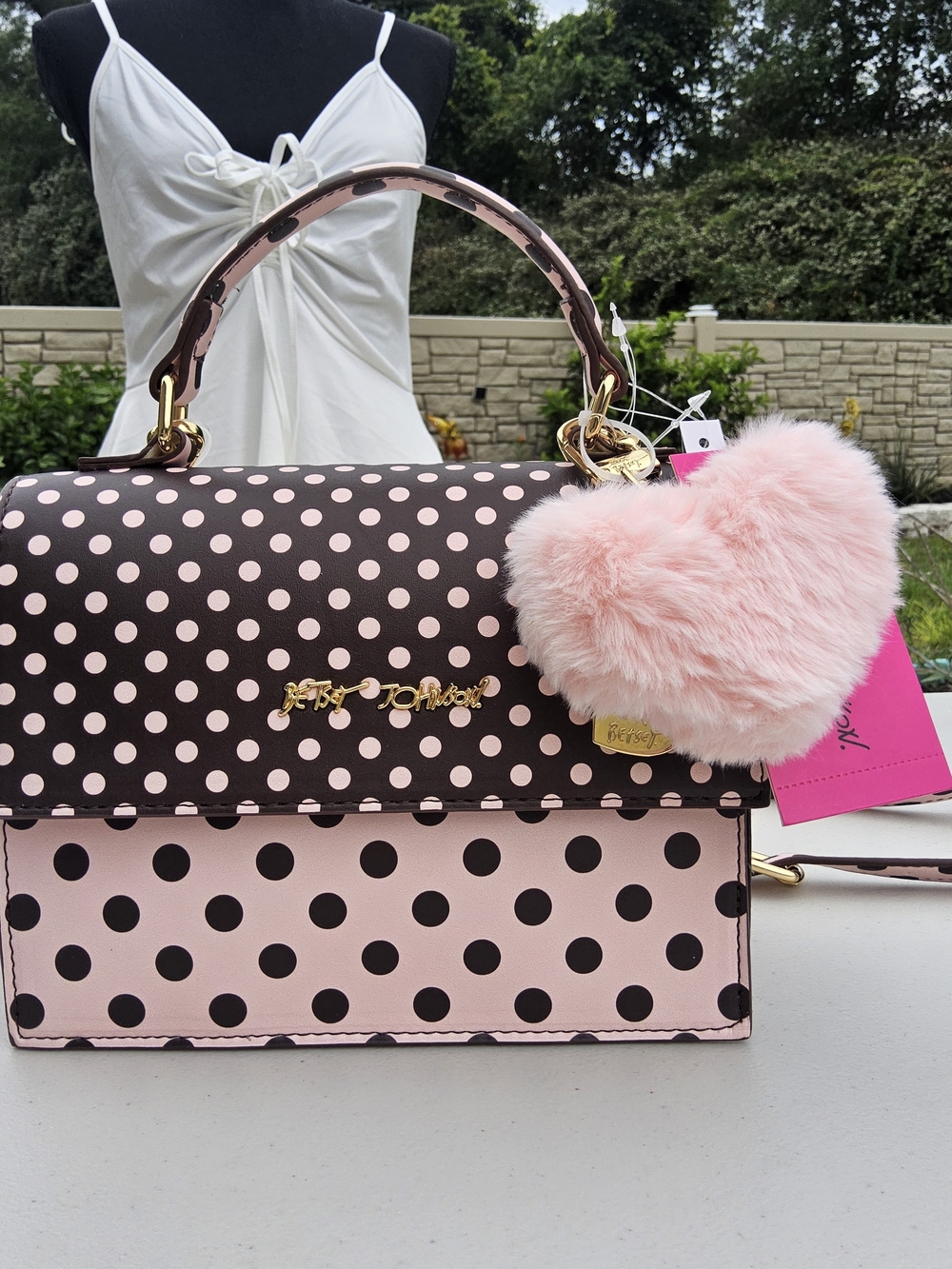 NWT- Betsey Johnson Pink & Brown Polka Dot Top-Handle Satchel with Pink Pom - Picture 2 of 6
